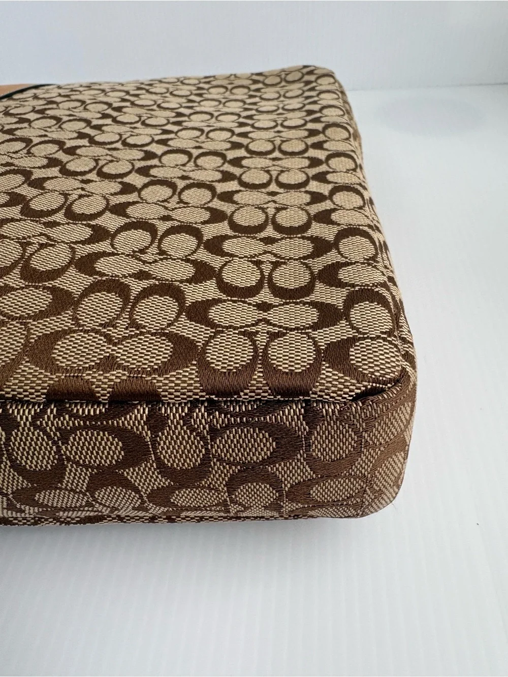 Coach Brown Signature Canvas Laptop Sleeve with Tan Stripe